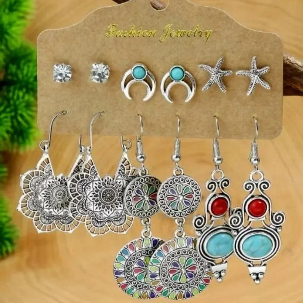 Bohemian Earring 6 pair Set - Turquoise Inlaid Studs & Dangles - Fashion-Forward